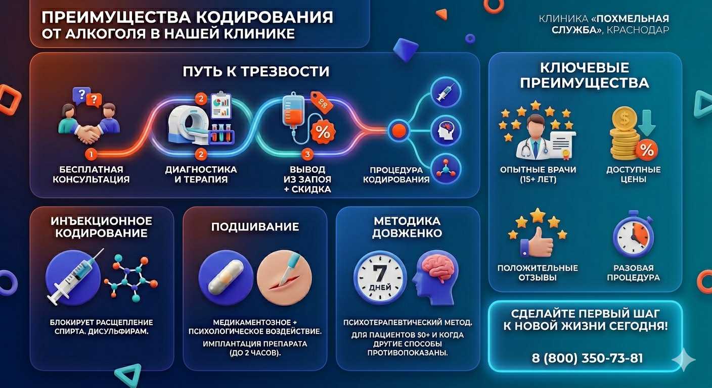 Инфографика о методах кодирования от алкоголя в Анапе: инъекции, подшивание, метод Довженко. Преимущества клиники и этапы лечения.